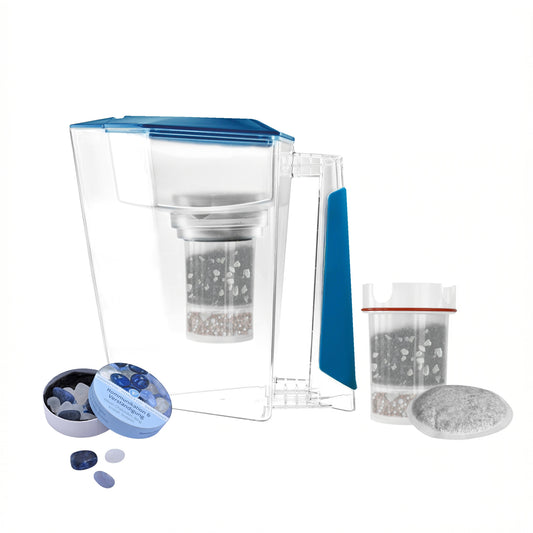 MAUNAWAI KINI® FIlterkanne mit 2. Filterset + Edelsteine-Mix Gratis / BLAU