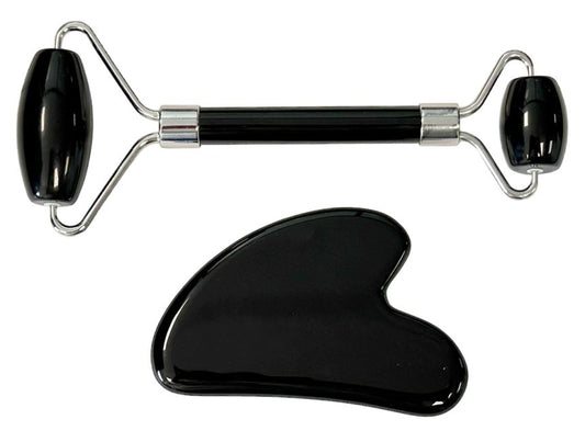 GUA SHA Massageset Herzstein + Doppelroller / Obsidian