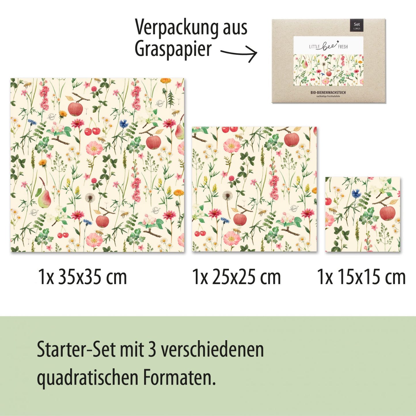LITTLE bee FRESH® Bienenwachstücher STREUOBSTWIESE (Verschiedene Ausführungen)
